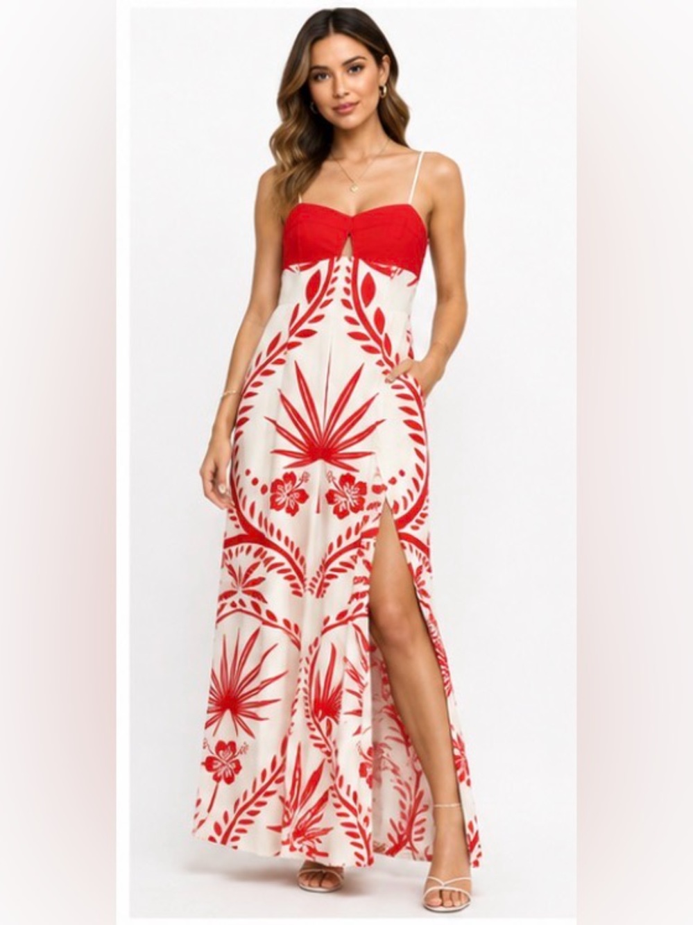 Commense Red White Linen Blend Tropical Maxi Dress M Side Slit